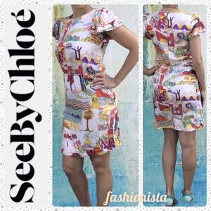 See By Chloe Silk Twill Dress Abstract Round Neck Short Ruffle Sleeve Sz.S or 4